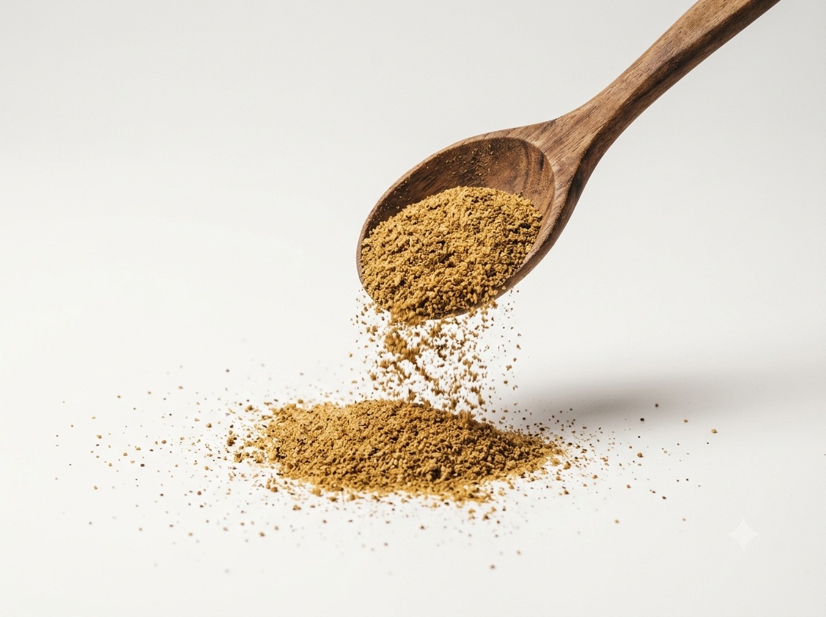 Wooden spoon pouring brown fishmeal powder onto white background