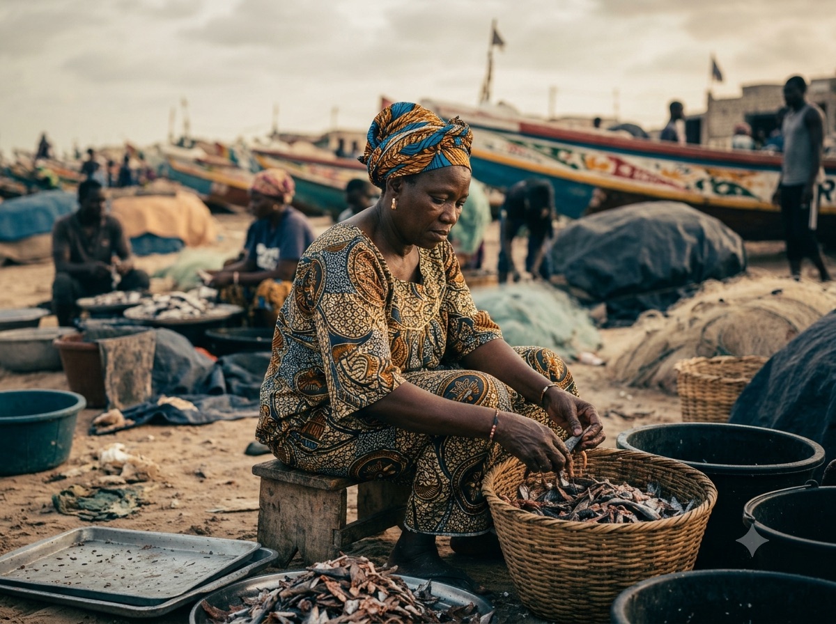 Fisherwoman in traditional headscarf sorting dried fish into woven basket on Senegal beach